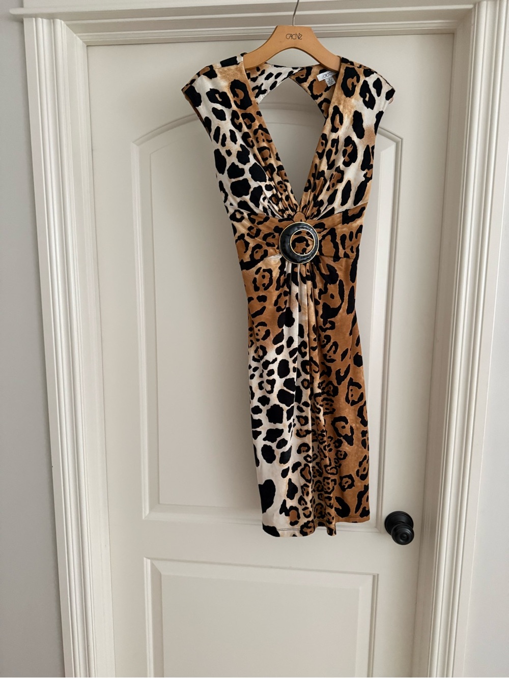 Cache Leopard-Print V-Neck Dress with Buckle - Brown/Black/White